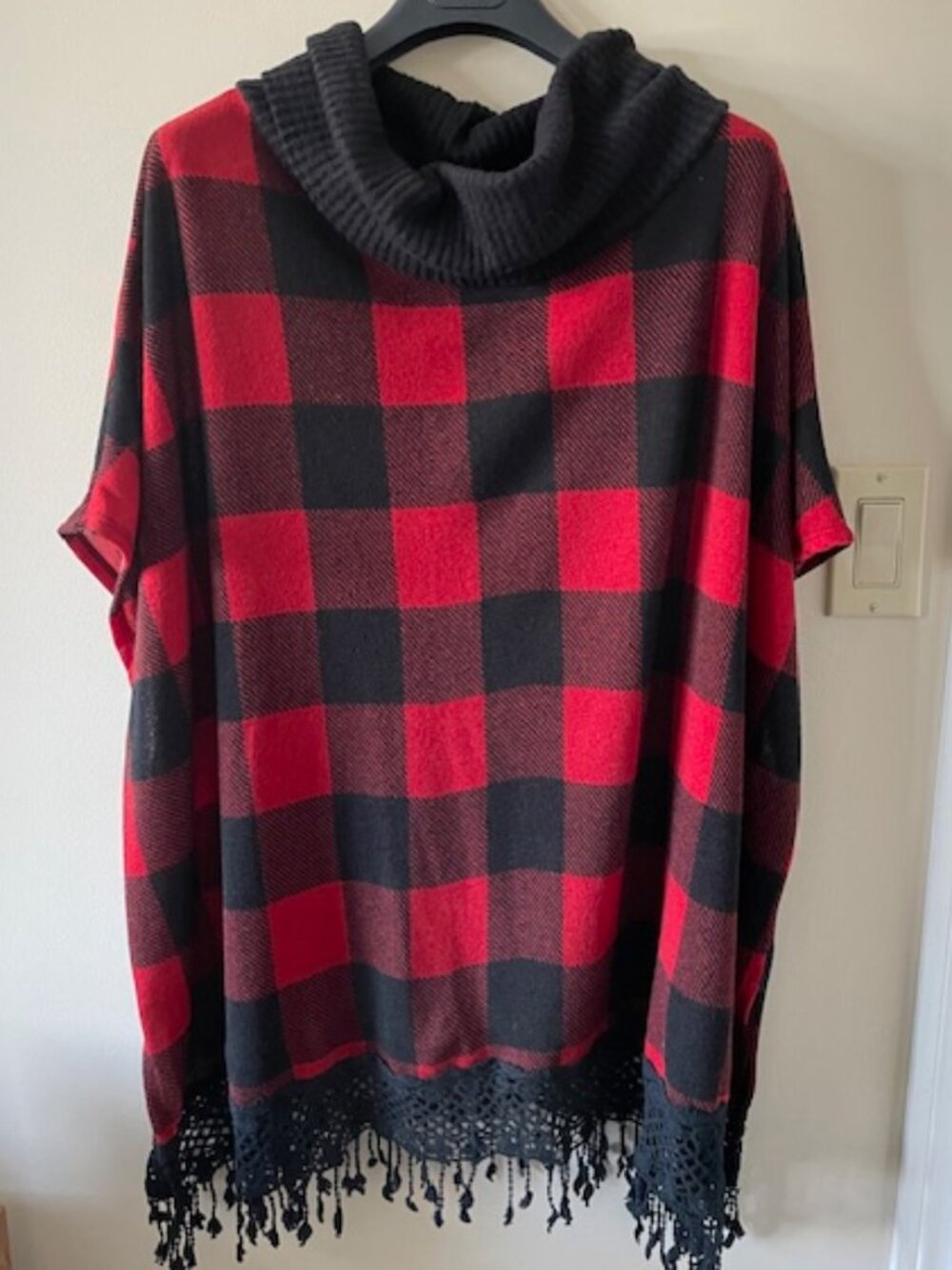 Emerald Poncho Sz L Red/Black Material with a Cowl  Collar